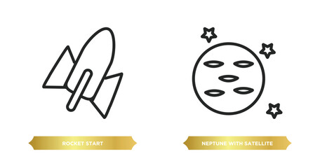 Poster - two editable outline icons from astronomy concept. thin line icons such as rocket start, neptune with satellite vector.