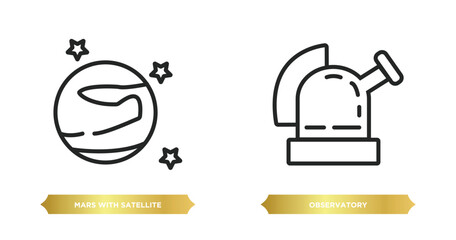Poster - two editable outline icons from astronomy concept. thin line icons such as mars with satellite, observatory vector.