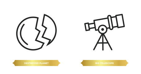 Poster - two editable outline icons from astronomy concept. thin line icons such as destroyed planet, big tel
