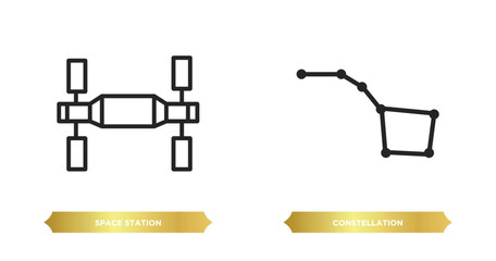 Poster - two editable outline icons from astronomy concept. thin line icons such as space station, constellation vector.