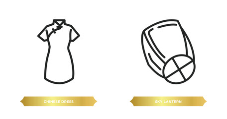 Poster - two editable outline icons from asian concept. thin line icons such as chinese dress, sky lantern vector.