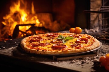 Sticker - freshly baked pizza in a hot oven with golden crust