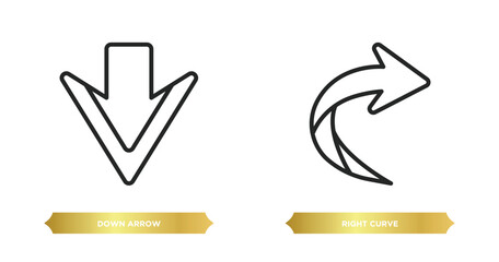Poster - two editable outline icons from arrows concept. thin line icons such as down arrow, right curve vector.
