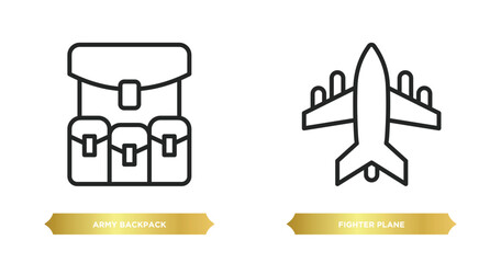 Poster - two editable outline icons from army and war concept. thin line icons such as army backpack, fighter plane vector.