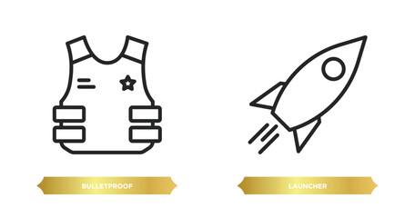 Poster - two editable outline icons from army and war concept. thin line icons such as bulletproof, launcher vector.