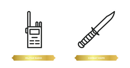 Poster - two editable outline icons from army and war concept. thin line icons such as militar radio, combat knife vector.