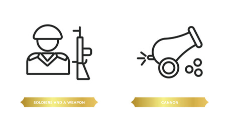 Poster - two editable outline icons from army concept. thin line icons such as soldiers and a weapon, cannon vector.