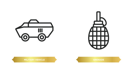Poster - two editable outline icons from army concept. thin line icons such as military vehicle, grenade vector.