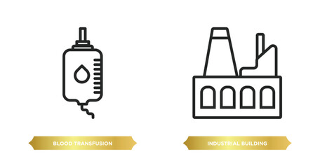 Poster - two editable outline icons from army concept. thin line icons such as blood transfusion, industrial building vector.