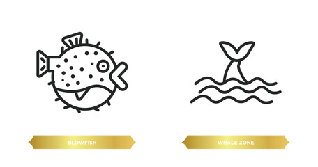 Wall Mural - two editable outline icons from animals concept. thin line icons such as blowfish, whale zone vector.