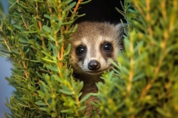 Wall Mural - meerkat peeking out from behind a bush, vigilant and alert