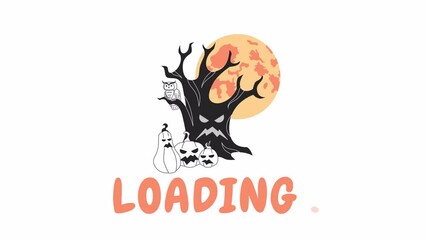 Poster - Halloween tree with scary pumpkins black and white loading animation. Spooky forest with rising moon outline 2D cartoon scene 4K video loader motion graphic. Helloween creepy wood waiting animated gif