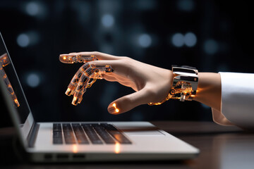 Poster - The robot hand is typing on the computer. The concept of artificial intelligence replacing a person in communication with another person