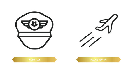 Poster - two editable outline icons from airport terminal concept. thin line icons such as pilot hat, plane f