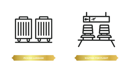 Poster - two editable outline icons from airport terminal concept. thin line icons such as picking luggage, waiting for flight vector.