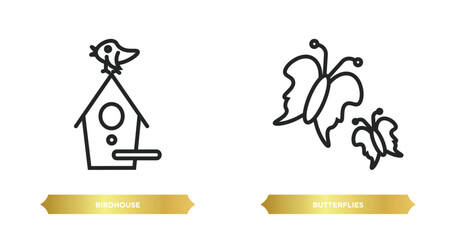 Poster - two editable outline icons from farming concept. thin line icons such as birdhouse, butterflies vector.