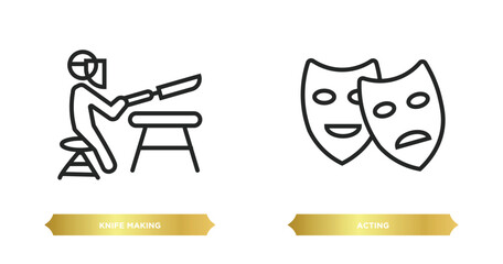 Poster - two editable outline icons from activity and hobbies concept. thin line icons such as knife making, acting vector.