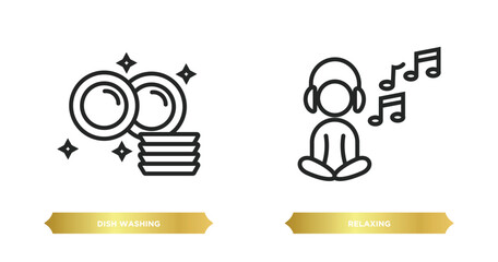 Poster - two editable outline icons from activity and hobbies concept. thin line icons such as dish washing, 