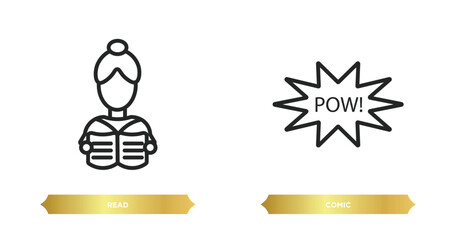 Poster - two editable outline icons from activity and hobbies concept. thin line icons such as read, comic ve