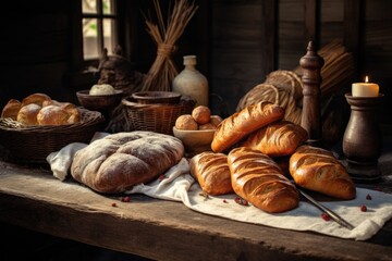 Sticker - freshly baked bread and pastries on a rustic table