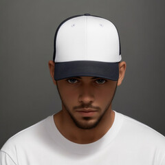 Wall Mural - White baseball cap mockup template wear on smiling man head. Gray background. AI Generative