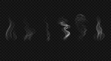 Set Of White Smoke Waves. Vector Design Elements. Steam From Food Or Hot Drink Isolated On Transparent Background