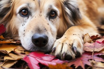 Wall Mural - close-up of dogs paw on colorful autumn leaves