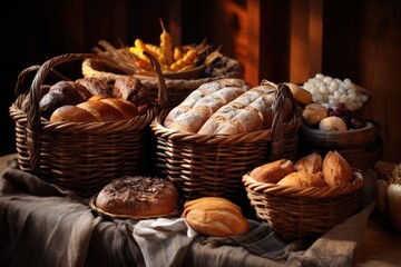 Wall Mural - rustic bread baskets filled with various loaves