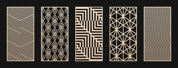 Poster - Laser cut, CNC cutting patterns collection. Vector set with abstract geometric ornament, lines, diamonds, grid, lattice. Decorative stencil for wood panel, metal, plastic, paper. Aspect ratio 1:2