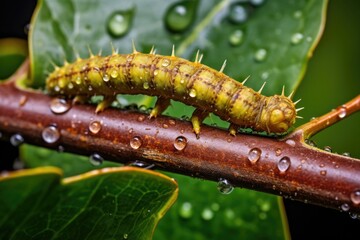 Canvas Print - close-up of caterpillar eating a leaf on a branch