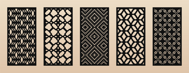 Sticker - Vector laser cut templates. Modern abstract geometric panels set with mesh, grid, floral lattice patterns. Oriental style ornaments. Template for cnc cutting of metal, wood, paper. Aspect ratio 1:2