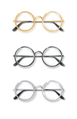 Poster - round golden, silver and black frame glasses set isolated, transparent sunglasses accessory. optics 