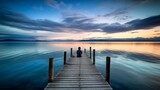Fototapeta Perspektywa 3d - Person sits on a jetty and watches the dusk, copy space, 16:9, concept: calm down