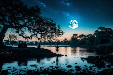 a landscape of a moon over a river two silhouettes are seen one of a man next to a woman under a tree - AI Generative