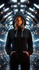 Young girl wearing black hoodie with cyberpunk style. Generative AI