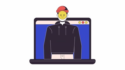 Aufkleber - Fake online identity on notebook line 2D animation. False impersonating profile on laptop 4K video motion graphic. Fraudulent account computer linear animated cartoon flat concept, white background