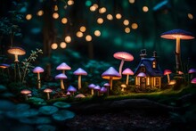 A Whimsical, Fairytale-inspired Garden Scene. Envision Mushrooms That Serve As Miniature Houses For Tiny Forest Creatures, With Fireflies Lighting Up The Enchanting Twilight - AI Generative