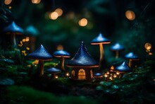 A Whimsical, Fairytale-inspired Garden Scene. Envision Mushrooms That Serve As Miniature Houses For Tiny Forest Creatures, With Fireflies Lighting Up The Enchanting Twilight - AI Generative