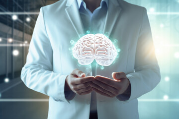 Wall Mural - Man in lab coat holding glowing brain. This image can be used to represent scientific research, medical advancements, or neurology studies.