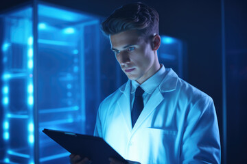 Wall Mural - Man in lab coat holding tablet. This image can be used to represent technology, research, or scientific advancements.