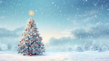 Decorated Christmas Tree With Winter Snow Background