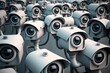 Many CCTV security surveillance cameras. Dystopian big brother spy and monitoring control concept. Mass equipments cam and lenses 2030 agenda govern control. stress and excess concept. Generative AI