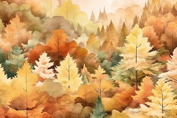 Wall Mural - Forest landscape in autumn. Abstract watercolor art.