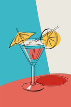 Red Cocktail With A Yellow Umbrella And An Orange Slice On A Red Table, Continuous Line