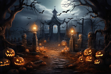 Happy Halloween background spooky scene, creepy dark night jack o lantern pumpkins and spooky graves on graveyard ghosts horror gothic evil cemetery landscape. Mysterious night moonlight backdrop.