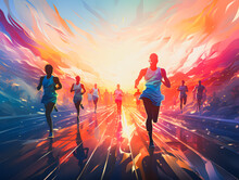 Silhouettes Of Athletes And Sprinters Running On The Track At The Olympic Stadium. The Concept Of Victory And Winning. Olympic Games. Generative AI
