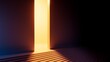 © NeoLeo - 3d render, abstract geometric background. Warm orange light going through the door portal inside the empty dark room with steps