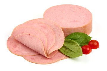 Wall Mural - Sliced boiled pork sausage, boiled ham, isolated on white background.