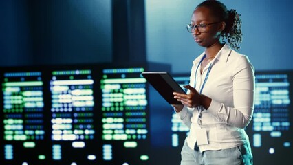 Poster - african american woman walking through data center systems providing processing resources for differ