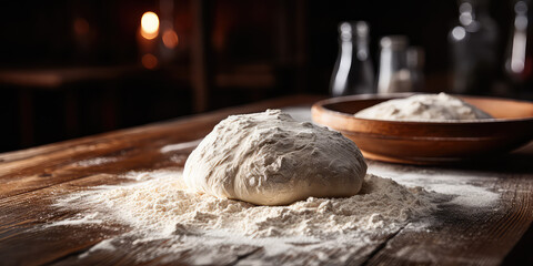 Uncooked dough on a wooden table. Raw puffy yeast dough in a flour ball on a kitchen rustic table. 